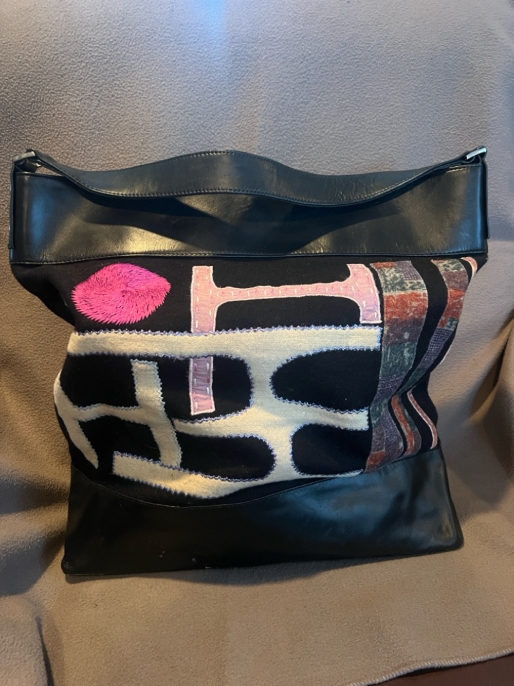 Black Leather-Trim Hobo Bag with Pink Accent